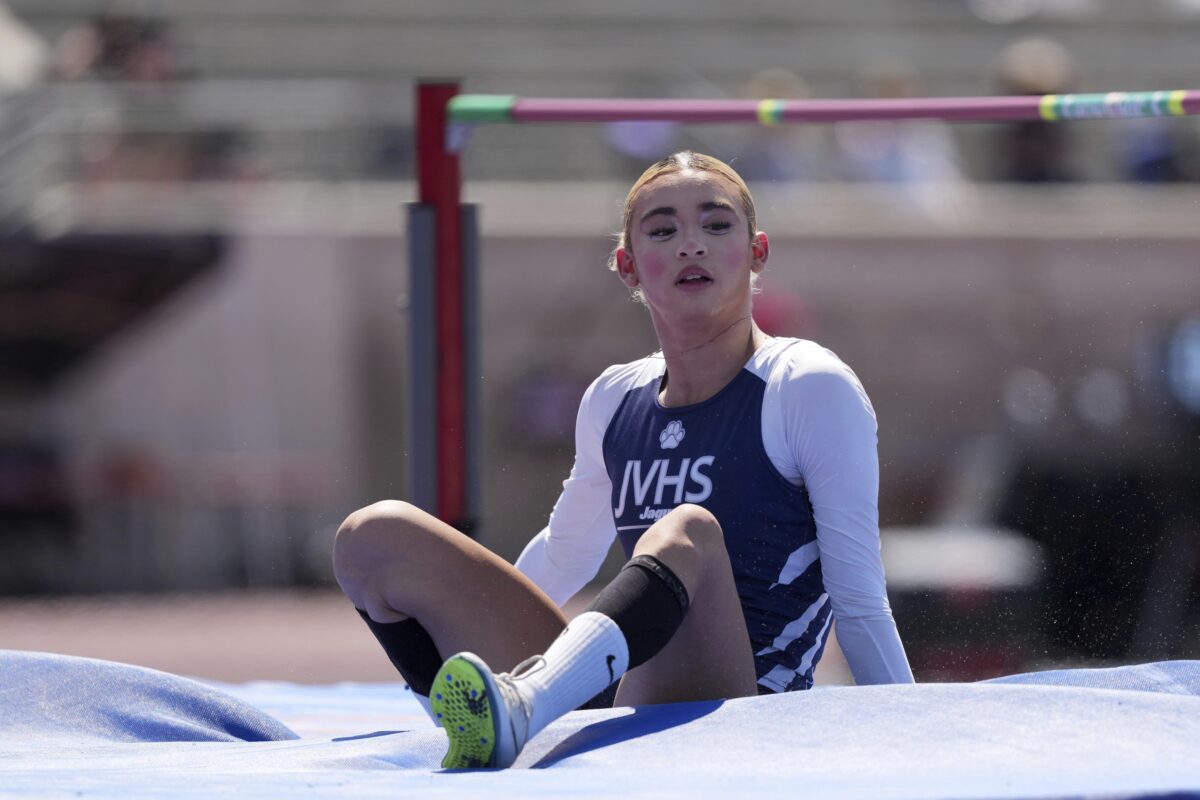 Transgender athlete AB Hernandez of Jurupa Valley reacts after a clearance in the girls high jump during the CIF State Track and Field Championships at Veterans Memorial Stadium, Friday, May 30, 2025, in Clovis, Calif. (Kirby Lee via AP)