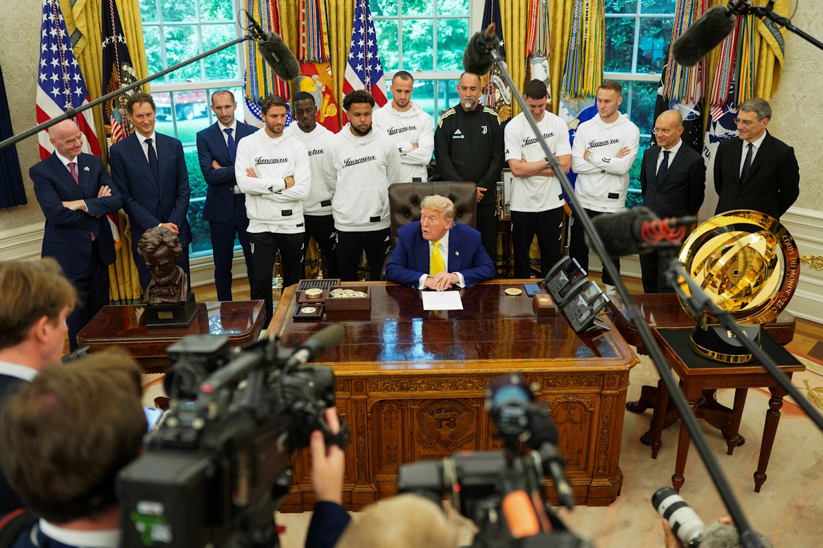 U.S. President Donald Trump speaks with the media as he meets with players of the Juventus soccer team in the Oval Office of the White House in Washington, D.C., U.S., June 18, 2025. REUTERS