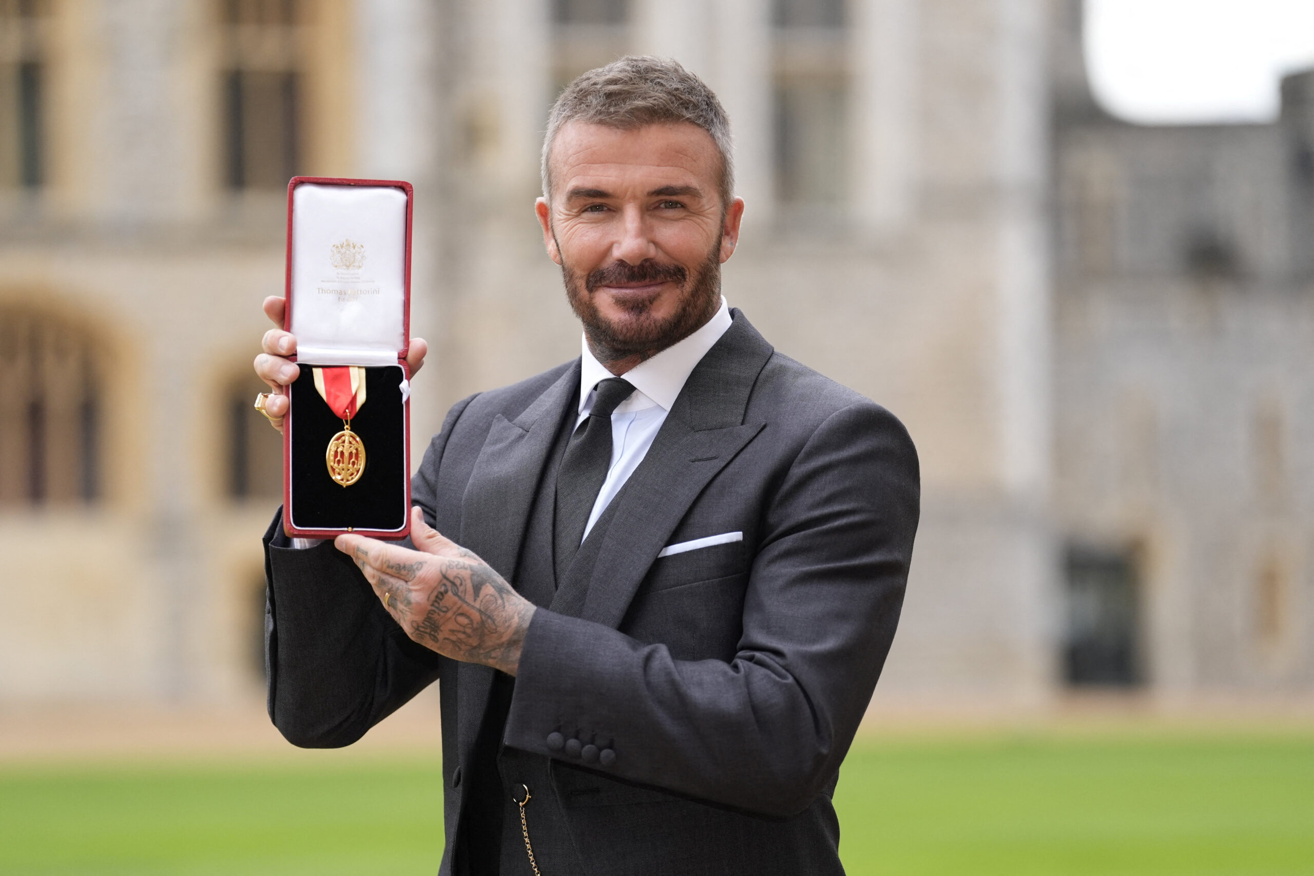 Sir David Beckham, after he was made a Knight Bachelor at an investiture ceremony at Windsor Castle, Berkshire. November 4, 2025. Andrew Matthews