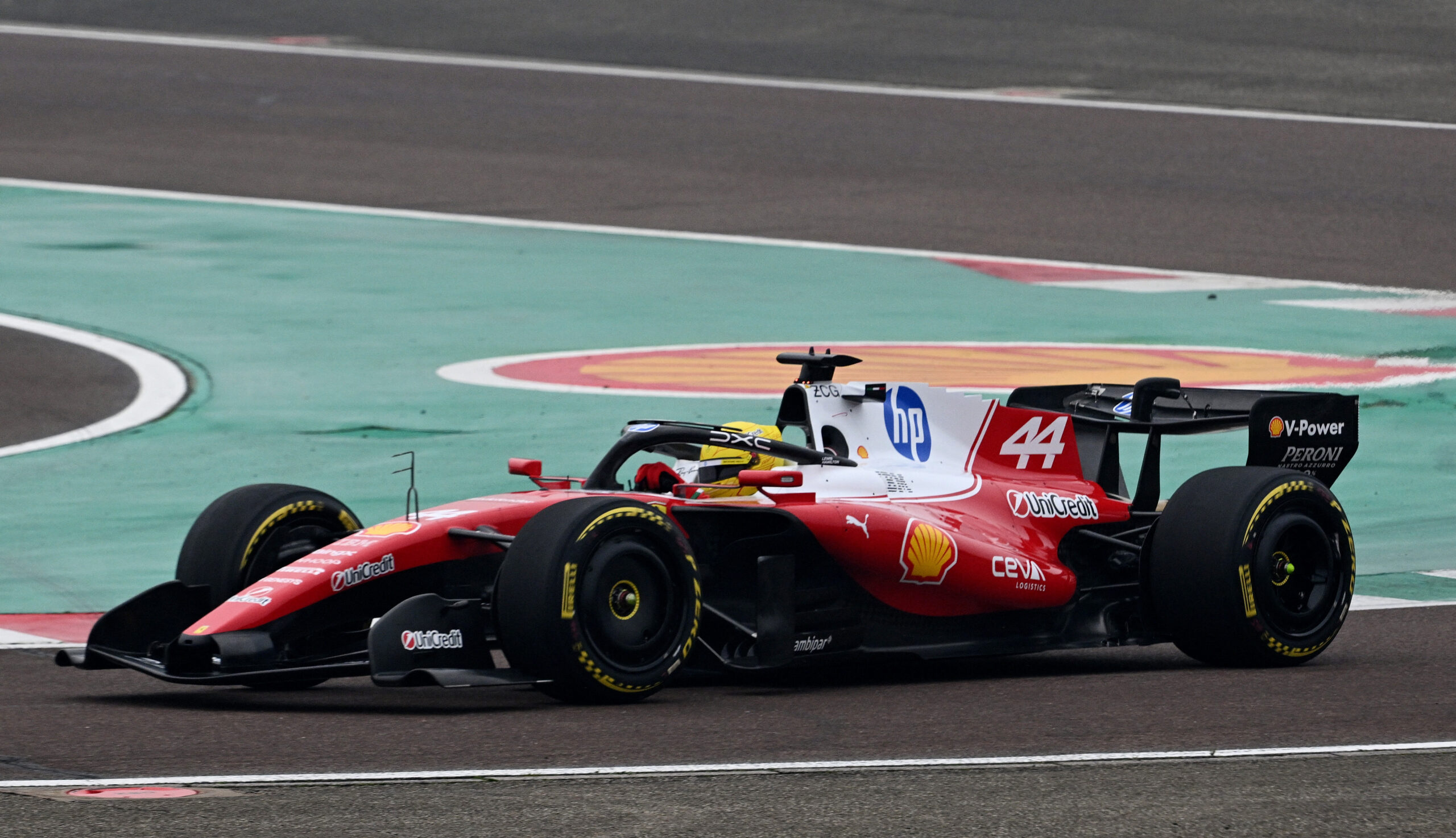 Ferrari's Lewis Hamilton and Ferrari's Charles Leclerc drive Ferrari's new Formula 1 car the SF-26 during testing