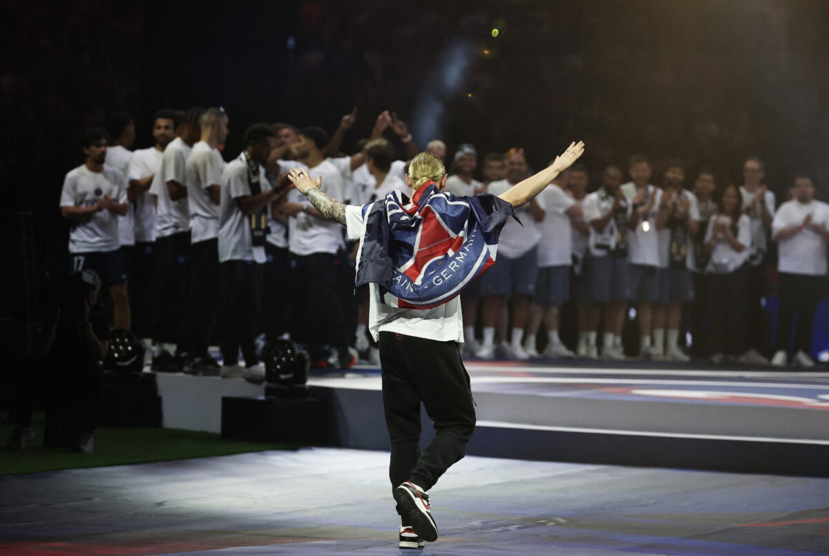 Soccer Football - UEFA Champions League - Paris St Germain celebrate winning the UEFA Champions League Final - Parc des Princes, Paris, France - May 31, 2026 Paris St Germain's Matvey Safonov celebrates after winning the UEFA Champions League Final Pool via REUTERS